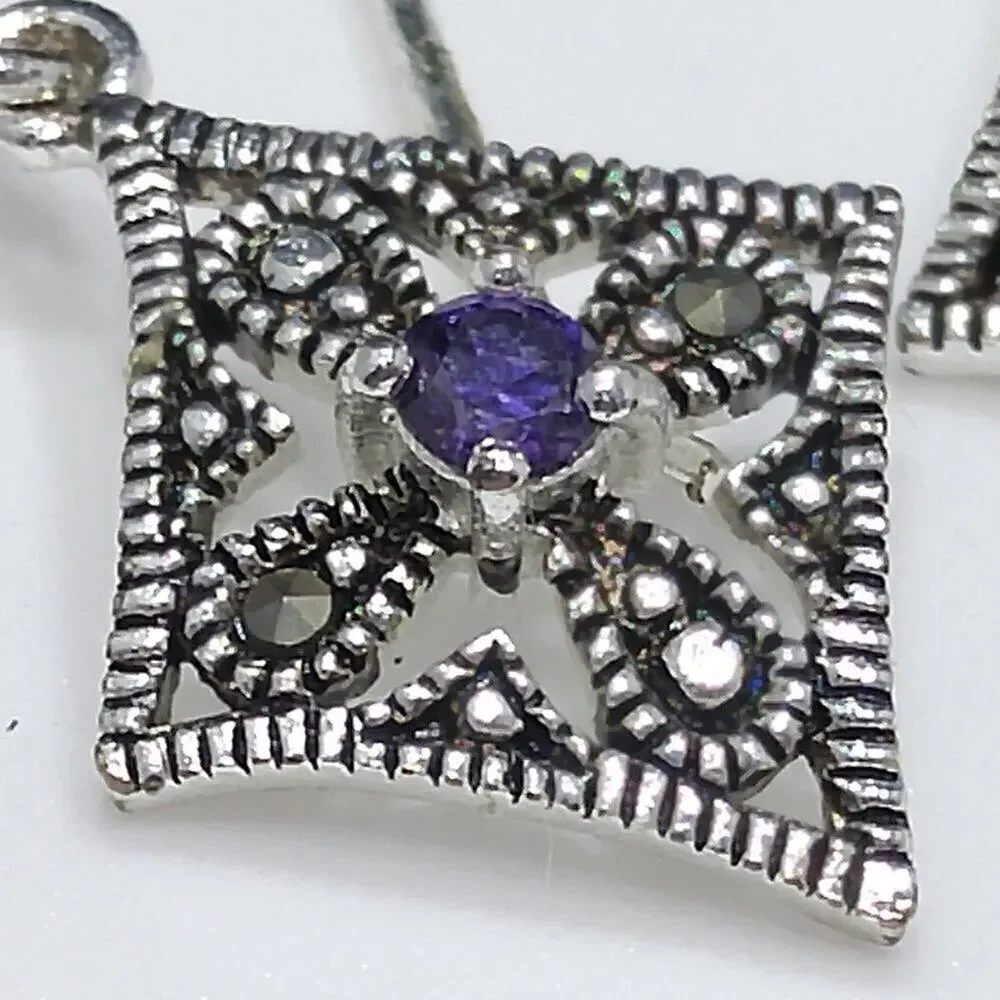 Marcasite Silver Plate Purple Rhinestone Necklace & Earrings, Made in Thailand